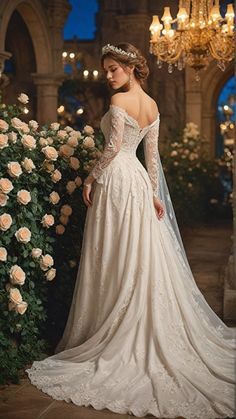 a woman in a wedding dress standing next to a rose bush and chandelier