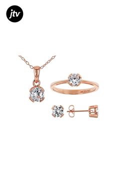 Bella Luce �� white diamond simulant 3.24ctw round, Eterno��� 18k rose gold over sterling silver pendant with chain, earrings, and ring. Pendant measures approximately 0.50"L x 0.19"W and has a 2mm bail. Includes an 18" cable chain with a spring ring closure. Earrings measure approximately 0.56"L x 0.19"W and have pushback backings. Ring measures approximately 0.75"L x 0.19"W and is not sizeable. The diamond equivalent weight is 1.84ctw. Rose Gold Solitaire Jewelry In Cubic Zirconia, Rose Gold Solitaire Cubic Zirconia Jewelry, Brilliant Cut Round Jewelry Sets For Gift, Brilliant Cut Round Cut Jewelry Sets For Gifts, Rose Gold Solitaire Jewelry With Round Cut, Classic Rose Gold Cubic Zirconia Jewelry, Brilliant Cut Round Sterling Silver Jewelry Sets, Rose Gold Cubic Zirconia Jewelry Sets, Rose Gold Solitaire Jewelry