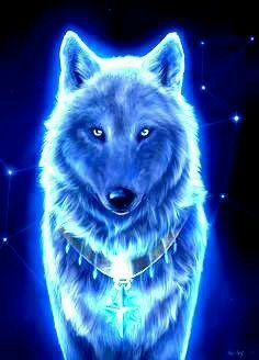 a blue wolf standing in front of a star filled sky