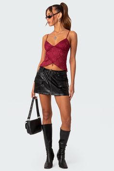 Mini skirt Belt detail Utility style pockets Faux Leather Model wears size S Model height is 5'9 Item care: Hand wash Don Toliver Concert Outfit, Legging Court, Leather Miniskirt, Visionary Fashion, Cargo Mini Skirt, Utility Style, Miniskirt Outfits, Maxi Styles, Swimwear Dress