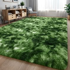 a living room with a green rug on the floor