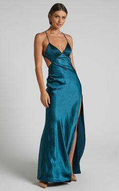 Anneke Maxi Dress - V Neck Open Back Bias Cut Dress in Petrol Green V Back Prom Dress, Prom Dress Australia, Long Formal Dresses Australia, Maxi Formal Dresses, V Neck Dress Formal, Prom Dresses Teal, Slip Prom Dress, Formal Silk Dress, Cut Out Prom Dress