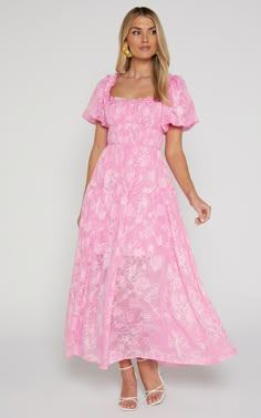 Harley Midi Dress - Puff Sleeve Dress in Pink | Showpo USA Cute Pastel Dresses Wedding Guest, Blush Puff Sleeve Dress, Sunday Best Dress Wedding Guest, Hoco Dresses Modest Pink, Cheap Pink Puff Sleeve Dress, Affordable Puff Sleeve Dress For Garden Party, Affordable Pink Half-sleeve Dress, Pink A Line Dress, Whimsical Dress