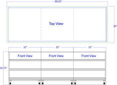 the top view and bottom view of a bed frame with measurements for each side, from front view to back view