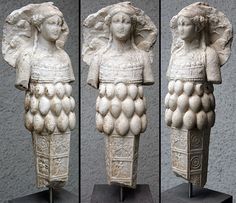 three pictures of an ancient statue with grapes on it's head and shoulders, all in white marble