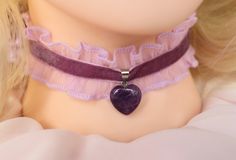 💗~ 💜Description These Pastel Purple and Pink colors Chokers made of Chiffon lace, Velvet ribbon, Rose Quartz and Amethyst pendant  ♡~  Chokers are 2 sizes: ★~ The shortest Choker minimal size- 34 cm(13.38in), maximal- 42cm(16.53in), height- 3cm(1.18in) ★~The longest Choker minimal size- 36 cm(14.17in), maximal- 45cm(17.71in), height- 3cm(1.18in) Heart pendant size- height- 1.7cm(0.66in), width - 1.5cm(0.59in) ★The choker's finished off with full width bright silver plated clamp ends, Zinc Alloy chains, Pink and Purple Teardrop Crystal Glass Beads. ♡~ Rose Quartz is the stone of universal love. ♥ Unconditional love ♥ Self-love ♥ Mother love ♥ Caring ♥ Kindness ♥ Friendship ♥ Romantic love ♥ Platonic love Rose Quartz purifies and opens the heart at all levels to promote love, self-love, fr Purple Choker, Rainbow Makeup, Platonic Love, Ribbon Rose, Mother Love, Universal Love, Pastel Purple, Love Rose, Amethyst Pendant