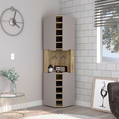 a living room with a couch, table and wine bottle storage unit in the corner