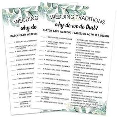 two wedding game cards with the words, wedding traditions and why do we do that?