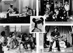 black and white photos of children dressed in mickey mouse costumes, playing instruments and singing