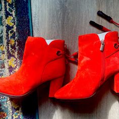 Never Worn. Us Size 9, Uk Size 7 Trendy Red Heeled Boots For Fall, Red Round Toe Heeled Boots For Spring, Red Heeled Boots With Round Toe For Spring, Casual Red High Heel Boots, Trendy Boots With Red Sole For Fall, Red Round Toe Booties For Fall, Red High Heel Booties For Fall, Bold Ankle-high Boots For Fall, Casual Red Heeled Boots With Pointed Toe