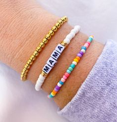 White Mama Bracelet / Rainbow Beaded Bracelet / Summer Bracelet Stack / Rainbow Summer Bracelets / Mama Bracelet Stack / Seed Bead Bracelets - Etsy White Stackable Beaded Bracelets For Mother's Day, Bohemian Rainbow Stretch Bracelet With Letter Beads, Mother's Day Colorful Bead Bracelet, Mama Beaded Bracelet, Everyday Rainbow Bracelets With Letter Beads, Mama Bracelet, Multiple Bracelets, Rainbow Beads, Summer Bracelets