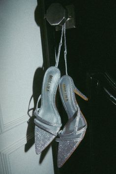 Silver Pointed Tow Heels Hanging From Door Knob Glitter Lace Up Heels, Glitter Strappy Heels, Leopard Heels, Stylish Footwear, Silver Heels