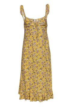 Current Boutique-Auguste - Light Yellow Floral Print Sleeveless Midi Dress Sz 2 Floral Print Spaghetti Strap Midi Dress For Daywear, Floral Print Midi Sundress For Daywear, Spring Floral Print Midi Dress With Spaghetti Straps, Cottagecore Floral Dress For Daywear, Cottagecore Floral Print Dress For Daywear, Ditsy Floral Sundress Midi Dress For Daywear, Chic Sundress With Ruffled Straps For Spring, Spring Cotton Midi Dress With Ruffled Straps, Ditsy Floral Print Midi Sundress