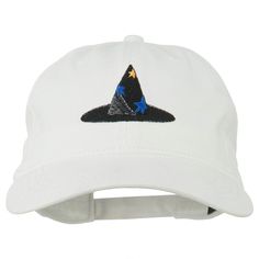 Halloween Wizard Hat Embroidered Cap White Cotton Baseball Cap Flat Bill, Adjustable Cotton Brimmed Hat, Cotton Baseball Cap With Short Brim, Cotton Trucker Hat With Short Brim, Cotton Snapback Hat With Sweatband, Adjustable Cotton Fitted Cap, Cotton Flat Bill Fitted Hat, One Size, White Embroidered Flat Bill Hat, Adjustable Cotton Fitted Hat With Embroidered Logo