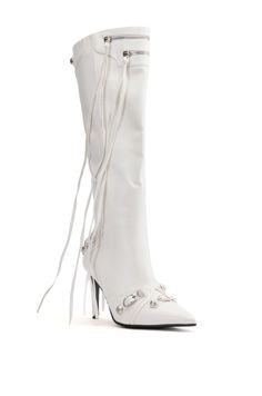 A boot is something that can actually be so personal. The AZALEA WANG Just For You Stiletto Bootie in White is an ultra-sexy faux leather boot featuring a pointed toe silhouette, a faux suede base, a slim stiletto heel, and a knee-height shaft. Complete with faux buckle accents throughout, silver metallic hardware, top zip detailing, tassel trim, and a classic inner ankle zipper closure. Style with a sleek mini skirt, a faux leather jacket, and the coordinating AKIRA Label Tracie White Industrial Look Purse for a complete look. (all measurements approximate from size 7.5): - Faux Leather Upper - Pointed Toe - Stiletto Heel - 15.5” Shaft Height - 3.75” Heel Height - 15.25" Calf Circumference - Imported Product ID: 317128 Oversized Band Tee, Boot Heels, White Industrial, Vegan Leather Boots, Azalea Wang, Faux Leather Boots, White Boots, Leather Boot, Faux Leather Jacket