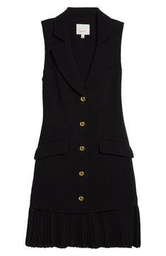 A pleated flounce and goldtone hardware add sophisticated flourishes to this blazer-inspired sleeveless dress. 35" length (size 8) Front button closure Notched collar lined Sleeveless Front flap pockets 69% triacetate, 31% polyester Dry clean Imported Black Sleeveless Blazer Dress, Sleek Black Blazer Dress With Hidden Buttons, Fitted Sleeveless Blazer Dress With Buttons, Classic Black Blazer Dress With Button Closure, Chic Black Sleeveless Dress With Button Closure, Notched Collar, Business Casual Outfits, Nordstrom Dresses, Business Casual