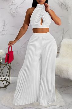 Fashion Halter Neck Backless Faux Silk Pleated Wide-Leg Pants Two-Piece Set Chic Pleated Party Sets, Chic Pleated Spring Sets, Pleated Sets For Spring, Pleated Fitted Jumpsuits And Rompers For Party, White Wide Leg Sets For Party, White Party Outfit, Summer Two Piece, 2piece Outfits, Backless Crop Top