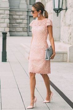 Pink Short Sleeves Column Lace Knee Length Short Homecoming Dress-Ballbella Lace Casual Dress, Pink Wedding Guest Dresses, Casual Dress Short, Midi Wedding Guest Dress, Short Sleeve Prom Dresses, Lace Wedding Guest Dress, Dress Short Prom, Cheap Prom Dresses Online, Lace Dress Casual