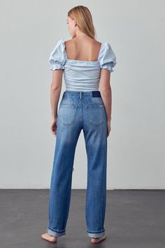 High Waist Ripped Straight Jeans- 100% Cotton - Non-Stretch Denim- High Rise- Zipper Fly Closure- Ripped, Destroyed- Pocket- Imported, Designed In USASize 3- Waist 29 1/2"- Hip 38"- Front Rise 10 1/2"- Leg Opening 15 3/4"- Inseam 32 1/2"Model wears size 3, height 5'9" Style: Casual Print / Pattern: Medium Wash Denim Silhouette: Straight Fit: High Rise, Relaxed Embellishment: Knee Distress Neck Line: N/A Sleeve: N/A Length: Long Closure: Button Closure Lining: No Fabric Contents: 100% Cotton Non- Distressed Washed Blue Bottoms For Fall, Relaxed Fit Medium Wash Jeans With Zipper, High Rise Relaxed Fit Jeans With Zipper, High Rise Relaxed Fit Jeans With Zipper Closure, Relaxed Fit Medium Wash Jeans With Zipper Closure, Relaxed Fit Jeans With Zipper Closure In Medium Wash, Ripped Washed Blue Bottoms For Fall, Light Wash Jeans With Zipper Closure For Fall, Medium Wash Bottoms With Zipper Closure For Fall