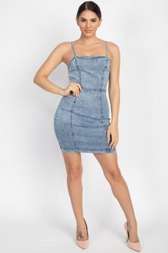 Kendall Denim Mini Dress - Acid Wash Woven Denim Acid Wash Princess Seams Square Neckline Adjustable Spaghetti Straps Bodycon Back Zipper Closure Denim Mini Dress, Classic Chic, Princess Seams, Princess Seam, Denim Mini, Acid Wash, Overall Shorts, Square Neckline, Eye Candy