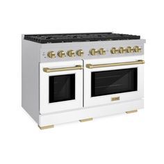 a white and gold stove with two ovens