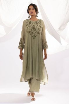 Sage chanderi mul kurta with floral and thread hand embroidery. Comes with cotton silk straight pant and a seperate lining. - Aza Fashions Organza Lace, Kurta For Women, Scalloped Border, Green Tunic, Floral Pajamas, Pajama Pant, Indian Fashion Designers, Fashion App, Silk Organza