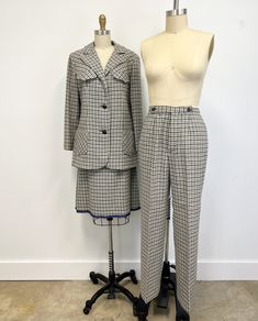 "Vintage 1960s womens houndstooth check 3 piece suit featuring; ~ a longer jacket with notched lapels, faux flap pockets on the chest, patch pockets at the hip, two button front, and fully lined    the skirt is smooth front and zips at the side with a single button at the waist, the hem is out and would be knee length or above when hemmed, and partially lined    the pants are high waisted, smooth front with a metal zipper and two button closure, they are a slim to straight fit with a straight le Luxury Houndstooth Suits For Fall, Tailored Retro Suits For Workwear, Tailored Lined Skirt Suit For Workwear, Retro Notch Lapel Suits For Workwear, Retro Suits With Notch Lapel For Workwear, Vintage Spring Suits For Workwear, Vintage Suits For Spring Workwear, Houndstooth Pattern Suits With Long Sleeves, Classic Houndstooth Pattern Suits