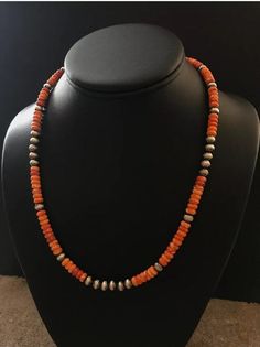 Sterling Silver Orange Spiny Oyster Bead Necklace. 18 inch Southwestern Orange Round Bead Necklaces, Southwestern Orange Round Beads Necklace, Southwestern Orange Beaded Necklace, Southwestern Orange Beaded Necklaces With Round Beads, Southwestern Orange Beaded Necklace With Round Beads, Handmade Southwestern Orange Necklace, Handmade Orange Southwestern Necklace, Southwestern Single Strand Jewelry With Round Beads, Southwestern Style Single Strand Round Beads Jewelry