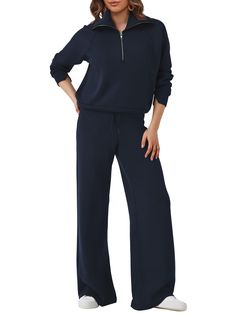 PRICES MAY VARY. Fabric: This sweatshirt & sweatpants set is made from 68% Rayon, 28% Polyester and 4% Spandex with soft texture, skin-friendly, smooth, and stretchy, relaxed fit for all day comfort. Must-have outfits in your Fall/Winter line. Feature: This sweatsuit set combines comfort with style. The sweatshirts features half zip and long sleeves for a relaxed fit, while wide leg sweatpants with elastic waist and drawstring ensure a customizable fit, and the inclusion of pockets on the pants Cheer Fundraiser, Matching Sweat Set, Texture Skin, Matching Sweats, Two Piece Outfits, Sweatsuit Set, Sweat Set, Wide Leg Sweatpants, Half Zip Sweatshirt