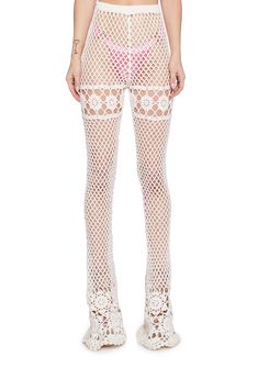 Sugar Thrillz Sheer Crochet Bell Bottoms- White Fitted Crochet Lace Bottoms For Vacation, Summer Lace Stretch Bottoms, Fitted Bottoms With Crochet Trim For Vacation, Stretch Lace Bottoms For Summer, Crochet Lace Bottoms For Vacation, Stretch Crochet Trim Bottoms For Beach, Stretch Crochet Trim Bottoms For Vacation, Summer Stretch Bottoms With Lace Trim, Bohemian Fitted Bottoms With Crochet Trim