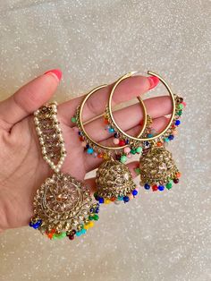 Colorful (multi) Indian Hoop (Jhumka) Earrings + Tikka Set Hoop Jhumka Earrings, Hoop Jhumka, Jhumka Designs, Pakistani Jewelry, My Small Business, Mirror Set, Jhumka Earrings, Wedding Jewellery, Wedding Jewelry Sets