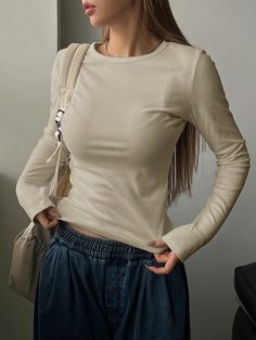 Women's Casual Everyday Solid Color Long Sleeve Fitted T-Shirt, Spring/Autumn Grey Casual  Long Sleeve Fabric Plain  Slight Stretch  Women Clothing, size features are:Bust: ,Length: ,Sleeve Length: Business Casual Winter, Rave Festival Outfits, Summer Knit Tops, Thanksgiving Dress, Slim Fit Sweater, Plus Size Leggings, Pyjama Set, Casual Everyday, Kids Sleepwear