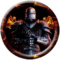 a button depicting a knight with flames in his hands and armor on fire behind him