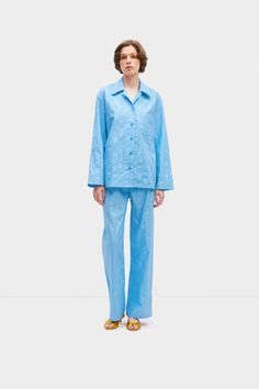 Crafted from organic-cotton poplin, this sequined pajama set in blue provides a crisp hand feel and comfortable wear, and delivers a refined texture with stylish silhouette. With its sequined accents, this pajama set shines for black tie occasions, offering a subtle sparkle. Complement it with heels for an elevated look. Cotton Pajama Set, Cecilie Bahnsen, Denim Workwear, Pajama Dress, Cotton Pajama Sets, Blue Sparkles, Sleepwear & Loungewear, Cotton Pyjamas, Pj Sets