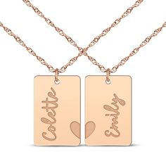 Celebrate a special, unbreakable bond with this chic two-piece friendship necklace set. Crafted in 14K rose gold Each dog tag-style pendant features half of a heart and the name of your choice engraved sideways Both 16-inch rope chains have 2-inch extenders and secure with spring ring clasps Customizable Rose Gold Charm Necklace For Valentine's Day, Personalized Rose Gold Charm Necklace For Best Friend, Personalized Rose Gold Charm Necklace, Rose Gold Charm Necklace For Valentine's Day, Valentine's Day Personalized Rose Gold Charm Necklace, Half Of A Heart, Name Tag Necklace, Friends Heart, Friendship Necklace