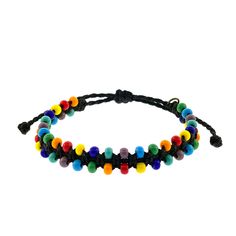 a multicolored beaded bracelet with black cord and beads on the end,