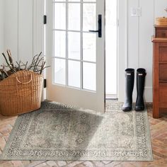 a pair of rubber boots sitting on top of a rug in front of a door