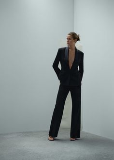 Palazzo suit pants with satin details -  Women | Mango USA Palazzo Design, Pant Suits For Women, Celebrity Style Icons, Palazzo Suit, Party Suits, Ageless Style, Short Denim, Casual Suit, Total Look