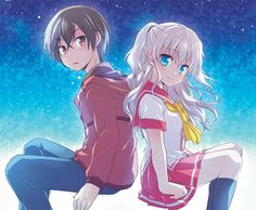 two anime characters sitting next to each other in front of the night sky with stars