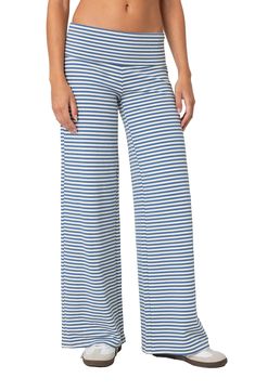 Enjoy all the maximums—ease, comfort and style—in these knit pants designed with a fold-over waistband and fun-forward horizontal stripes. Pull-on style 45% cotton, 45% polyester, 10% spandex Machine wash, dry flat Imported Fold Over Pants, Buisness Casual Women, Fold Over Yoga Pants, Buisness Casual, Striped Wide Leg Pants, Simple Tees, Pants Design, Striped Fabrics, Y2k Streetwear