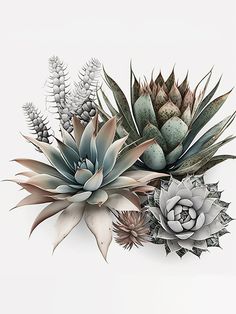 an arrangement of succulents and other plants on a white background