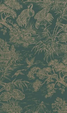 a green and gold wallpaper with birds in the water, bamboo trees and other plants