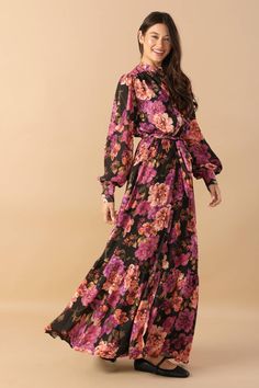 A printed woven maxi dress featuring button down, long sleeve and self sash tie Details: Self : 100% PolyesterLining : 100% Polyester Size & Fit - Model is 5`8" And Wearing Size Small- Measurements Taken From Size Small- Approx. Length: 60"