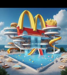 an artist's rendering of a mcdonalds restaurant with a pool and slide in the middle