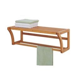 a wooden towel rack with two towels on it and one folded green towel hanging from the rail