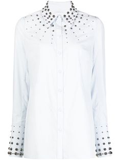 Paola stud-detail poplin shirt from ERDEM featuring light blue, silver-tone stud detailing, oversized pointed collar, long sleeves, front button fastening and straight hem. Mom Ideas, Bubble Dress, Women Shirt, Women Shirts Blouse, Poplin Shirt, White Shirts, Shirt Blouses, Fashion Branding, Top Shirt