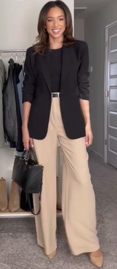 Black And Cream Outfits Classy, Spring Outfits Dinner Casual, Wide Leg Trousers With Blazer, Old Money Aesthetic Outfit Dinner, Blazer With Trousers Women, Wide Leg Pants Outfit With Jacket, Spring 2024 Business Outfits, Beige Wide Leg Pants Outfit Winter, Wide Leg Pants And Blazer Outfit