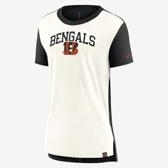 This Cincinnati Bengals T-Shirt features a bold team design and soft tri-blend fabric to help get you ready for game day. Game Day Jersey T-shirt With Team Logo, Varsity T-shirt With Team Logo For Football Season, Black Varsity T-shirt For Game Day, Black Varsity T-shirt For Fan Gear, Collegiate Jersey T-shirt With Team Logo, Game Day Black Tops With Team Name, Black Tops With Team Name For Game Day, Black Graphic Print Top For Football Season, Black Tops For Game Day