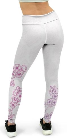 Pink Sakura Yoga Pants White Floral Print Lounge Pants, Spring White Yoga Activewear, White Spring Yoga Activewear, White Floral Print Loungewear Bottoms, White Yoga Pants With Elastic Waistband, White Stretch Printed Pants, White Moisture-wicking Bottoms For Spring, White Floral Print Stretch Bottoms, White Stretch Bottoms With Floral Print