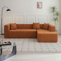 a living room with a couch, coffee table and potted plant in the corner